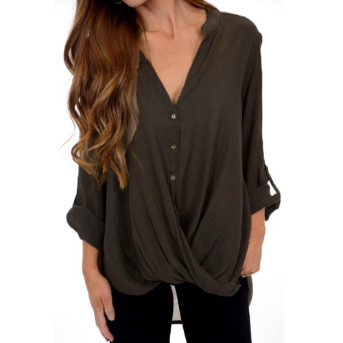 Women Long Sleeve Asymmetrical Hem Adjustable V-neck Buttons Loose Blouse