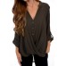 Women Long Sleeve Asymmetrical Hem Adjustable V-neck Buttons Loose Blouse