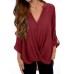 Women Long Sleeve Asymmetrical Hem Adjustable V-neck Buttons Loose Blouse