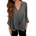 Women Long Sleeve Asymmetrical Hem Adjustable V-neck Buttons Loose Blouse