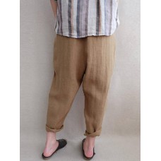 S-5XL Women Pure Color Drawstring Elastic Waist Cotton Linen Pants