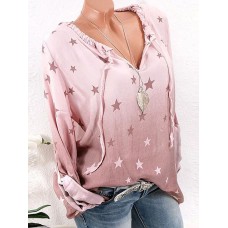 Sexy Women V-Neck Adjustable Long Sleeve Stars Printed Pullover Shirt