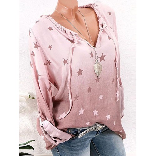 Sexy Women V-Neck Adjustable Long Sleeve Stars Printed Pullover Shirt