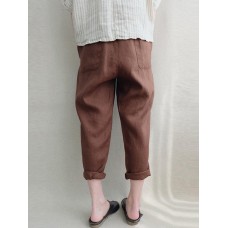 Women Vintage High Elastic Waist Solid Loose Cotton Harem Pants