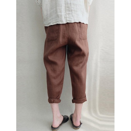 Women Vintage High Elastic Waist Solid Loose Cotton Harem Pants