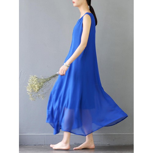 Elegant Women Pure Color Sleeveless Maxi Swing Dress