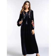 Floral Embroidery V-Neck Lace-Up Women Velvet Maxi Dress