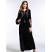 Floral Embroidery V-Neck Lace-Up Women Velvet Maxi Dress