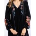 Floral Embroidery V-Neck Lace-Up Women Velvet Maxi Dress