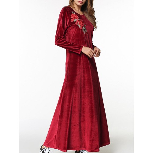 Velvet Women Long Sleeve O-Neck Floral Embroidery Maxi Dress