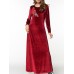 Velvet Women Long Sleeve O-Neck Floral Embroidery Maxi Dress