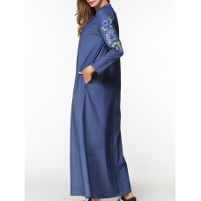 Slim Women Floral Embroidery Long Sleeve Pocket Denim Maxi Dress