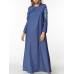 Slim Women Floral Embroidery Long Sleeve Pocket Denim Maxi Dress