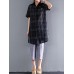 Women Casual Short Sleeve Cotton Linen Shirt Plaid Blouse