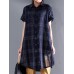 Women Casual Short Sleeve Cotton Linen Shirt Plaid Blouse