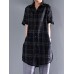 Women Casual Short Sleeve Cotton Linen Shirt Plaid Blouse