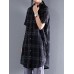 Women Casual Short Sleeve Cotton Linen Shirt Plaid Blouse