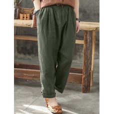 Women Cotton Pockets Elastic Waist Solid Pants