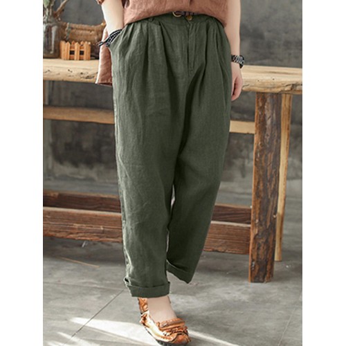 Women Cotton Pockets Elastic Waist Solid Pants