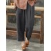 Women Cotton Pockets Elastic Waist Solid Pants