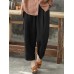 Women Cotton Pockets Elastic Waist Solid Pants