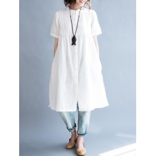 S-5XL Women Casual Stand Collar Pleated Long Shirts