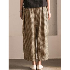 Vintage Women Plaid High Elastic Waist Long Pants