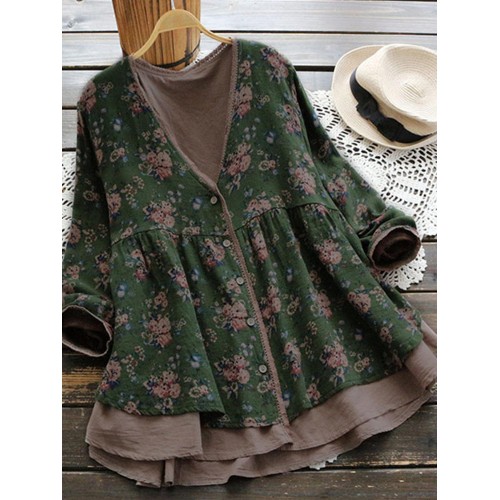 Vintage Women Floral V-Neck Cotton Linen Loose Button Blouse