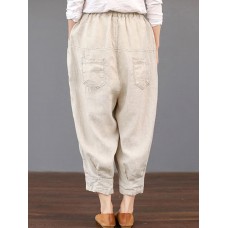 Women Solid Color Elastic Waist Loose Cotton Pants