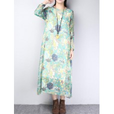 Vintage Women Floral Printed Side Pocket O-Neck Maxi Dress