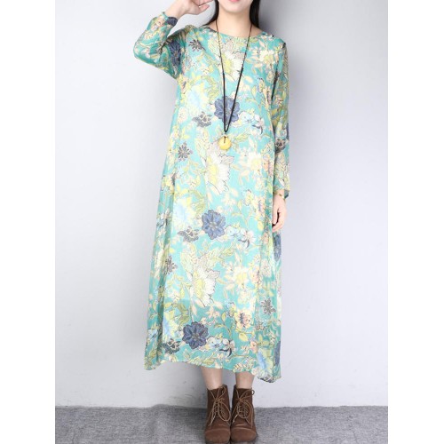 Vintage Women Floral Printed Side Pocket O-Neck Maxi Dress