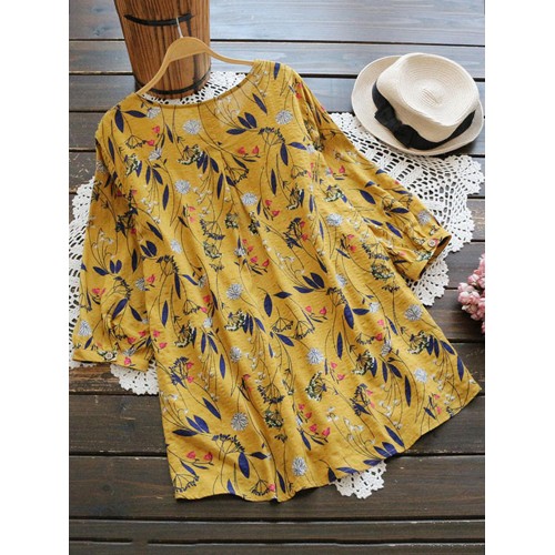 Women Floral Print Pleated Three Quarter Sleeve Blouse