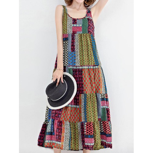 Women Bohemian Sleeveless Patchwork O-Neck Maxi Tank Dress