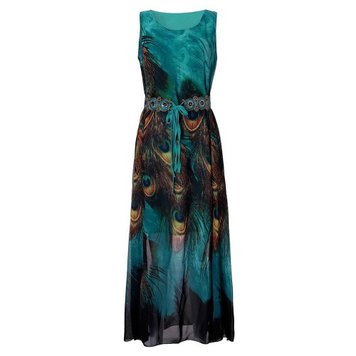 Bohemian Peacock Printed Sleeveless Chiffon Maxi Dress With Belt