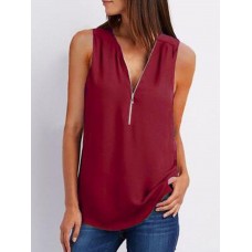 Casual Women Solid Sleeveless Zipper Tops