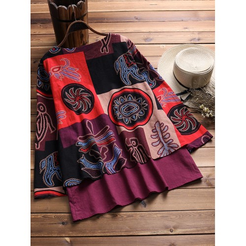 M-5XL Ethnic Printed Double Layered Women Blouse