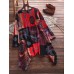 Ethnic Floral Print O-neck Pleated Long Sleeve Irregular Blouse