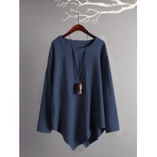 Casual Women Loose Cotton Linen Irregular Hem Blouse