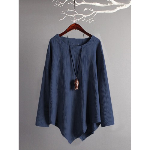 Casual Women Loose Cotton Linen Irregular Hem Blouse