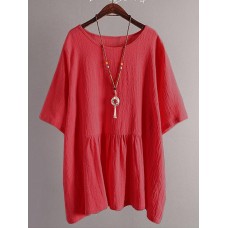 Women Retro Short Sleeve Loose Casual Asymmetrical Blouse