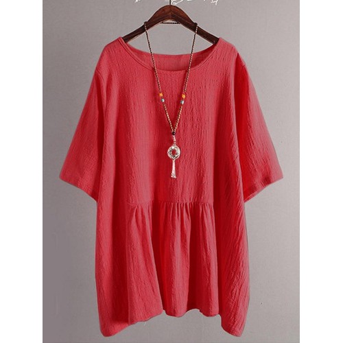 Women Retro Short Sleeve Loose Casual Asymmetrical Blouse