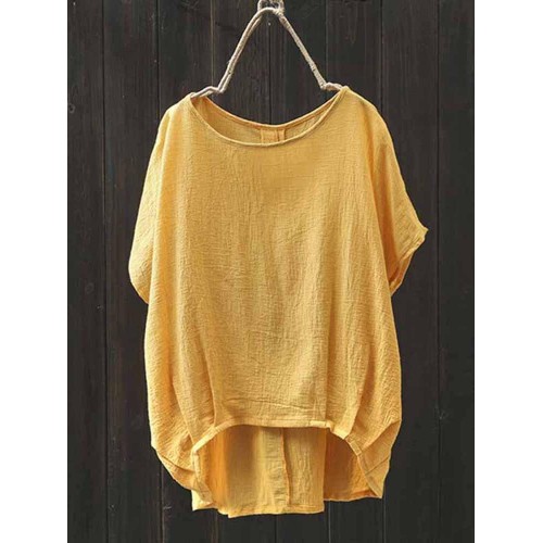 Women Batwing Sleeve Cotton Asymmetrical Blouse