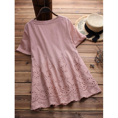 Vintage Short Sleeve Lace Embroidery Hollow Blouse