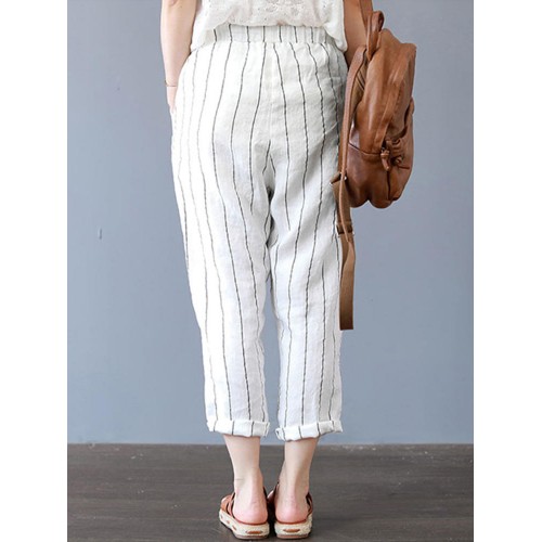 Women Casual Stripe Elastic Waist Cotton Harem Pants