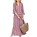 Women Casual Stripe V-neck Big Pocket Long Maxi Dress