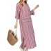 Women Casual Stripe V-neck Big Pocket Long Maxi Dress