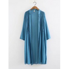 Vintage Solid Stand Collar Pleated Cardigans Long Shirt