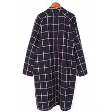 Vintage Women Cotton Loose Plaid V-neck Long Sleeve Outerwear Cardigans