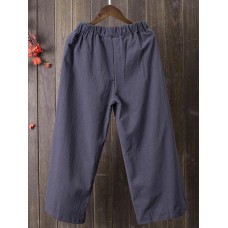 Women Elastic Waist Solid Linen Cotton Pants