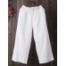 Women Elastic Waist Solid Linen Cotton Pants